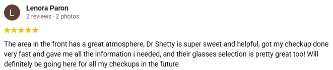 Eye Doctor Astoria NY Testimonial Lenora P A 5-star Google review of Astoria Park Eyecare praising the great atmosphere and sweet and helpful doctor