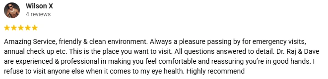 Eye Doctor Astoria NY Testimonial Wilson X A 5-star Google review of Astoria Park Eyecare praising amazing service and a friendly, clean environment
